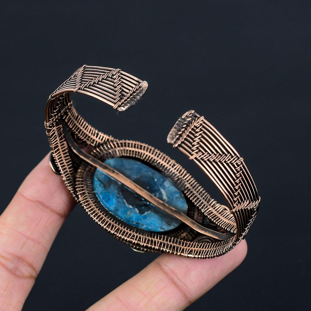 Elegant Neon Apatite Gemstone Pure Copper Wire Wrapped Handmade Cuff/Bangle Jewelry