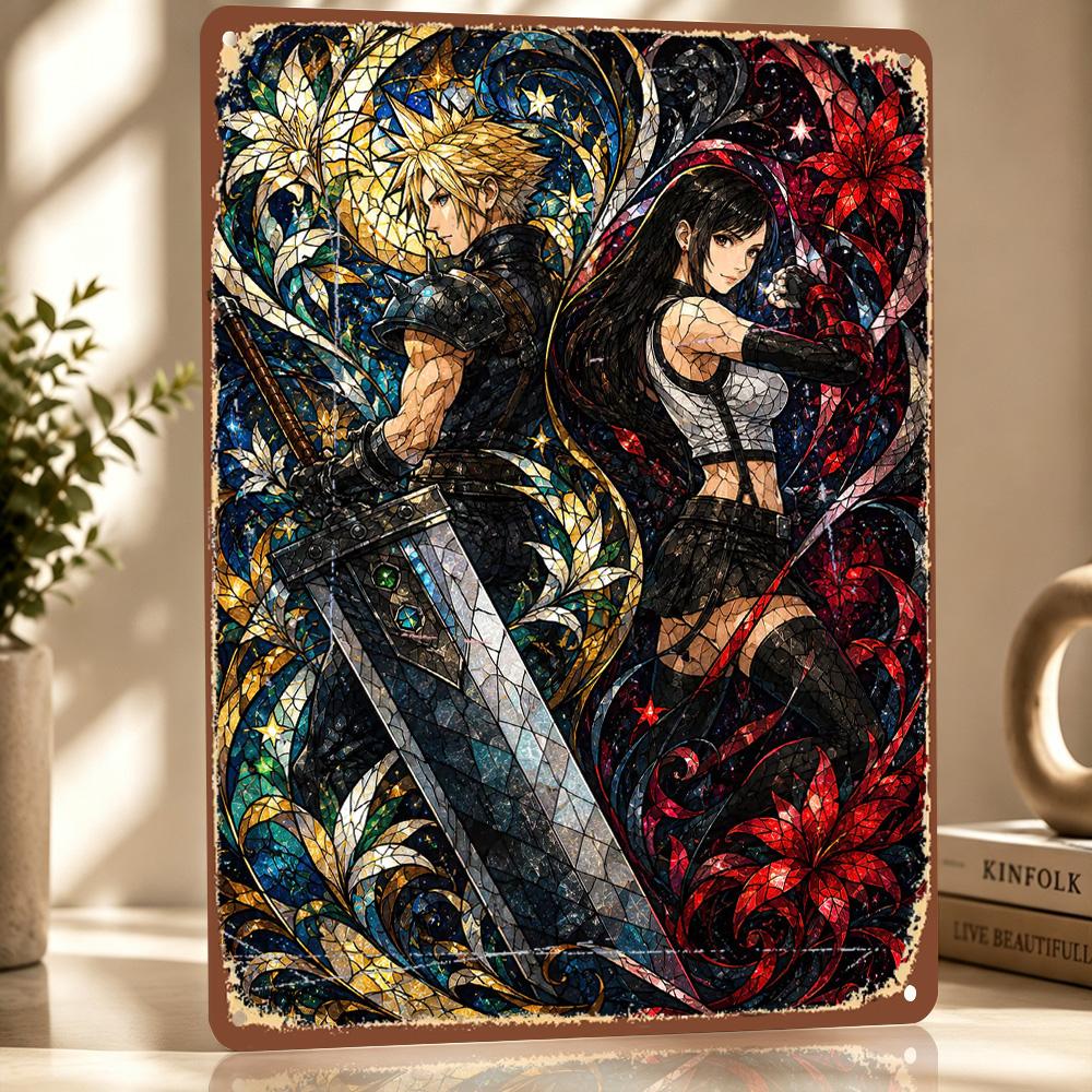 Cloud and Tifa Stained Glass Art D Texture Metal Poster Customized Wall Art Tin Sign Gift for Mancave Funny Signs Wand Deko