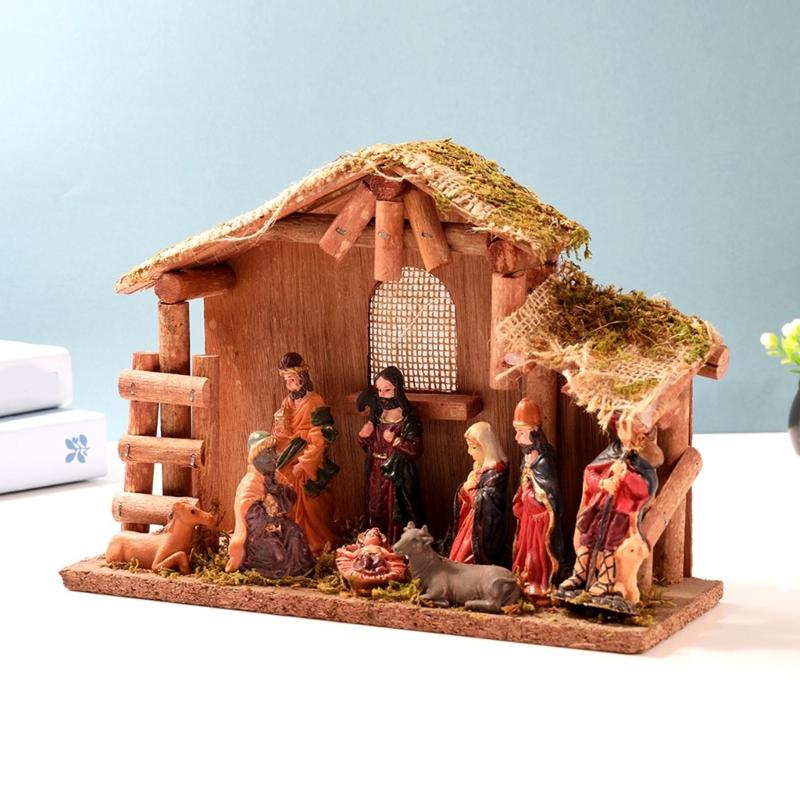 Mini Christmas Nativity Set Holy Family Resin Figurine Statue with Stable Miniature Christmas Nativity Scene Sculptures