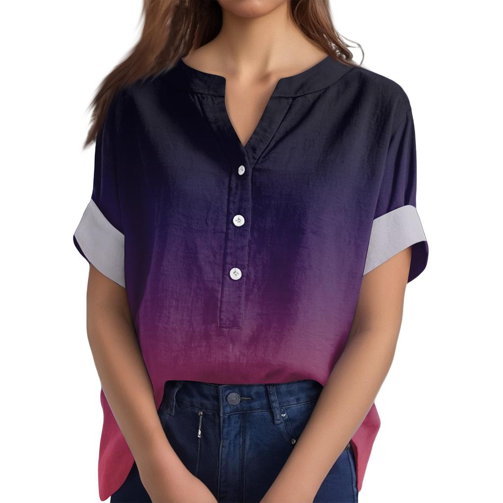 Женская хлопково-льняная футболка с круглым вырезом, коротким рукавом и пуговицами, футболка с принтом