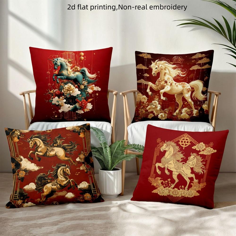 4Pcs Golden Horse Throw Pillow Covers, Red Lucky Horse Unicorn Print Cushion Cases, Oriental Home Decor For Bedroom Living Room