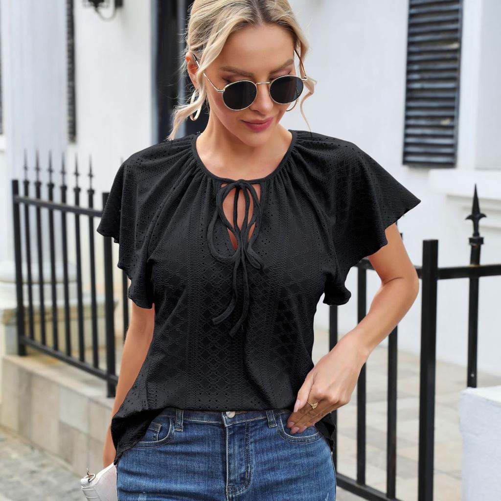 Полые жаккардовые блузки с рукавами реглан, рюшами и рукавами реглан, однотонный топ на шнуровке с короткими рукавами, женская летняя блузка