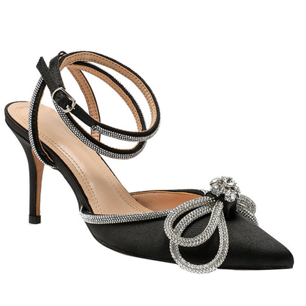 Женские туфли-лодочки со стразами и бантом на каблуке, блестящие свадебные туфли с закрытым острым носком, сексуальные туфли-лодочки с тонким каблуком и ремешком на щиколотке, свадебные туфли на каблуке, босоножки