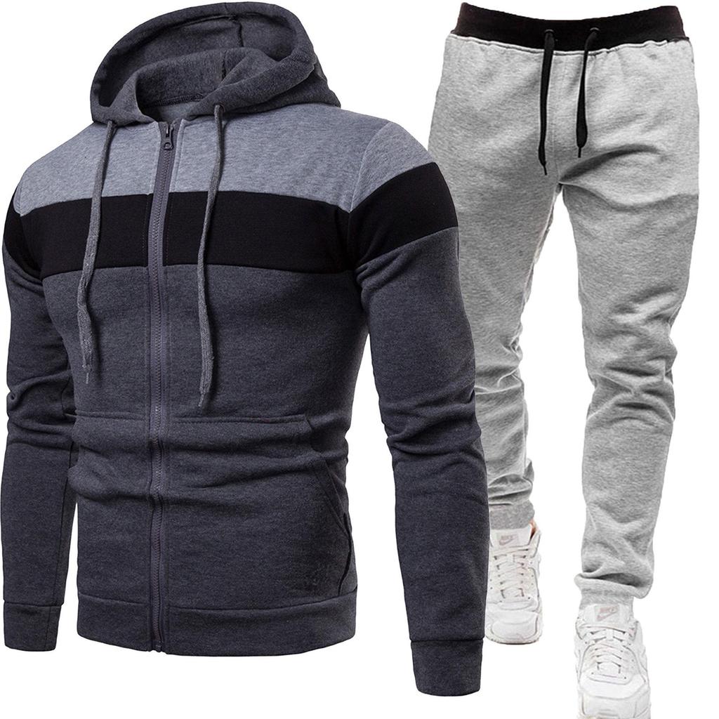 Мужской повседневный спортивный костюм 2024: Комплект из двух предметов: куртка с капюшоном в стиле пэчворк и длинные брюки для весны/осени.