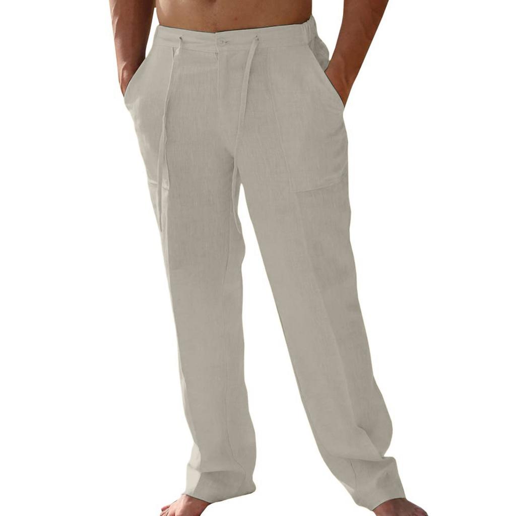 Мужские повседневные льняные брюки с заплатками и завязками, прямые, летние, пляжные, для йоги