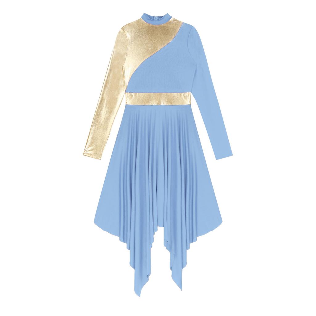 Women Slim Waist Party Gown Praise Liturgical Lyrical Dance Dress High Low Worship Costume Metallic Color Block Dress