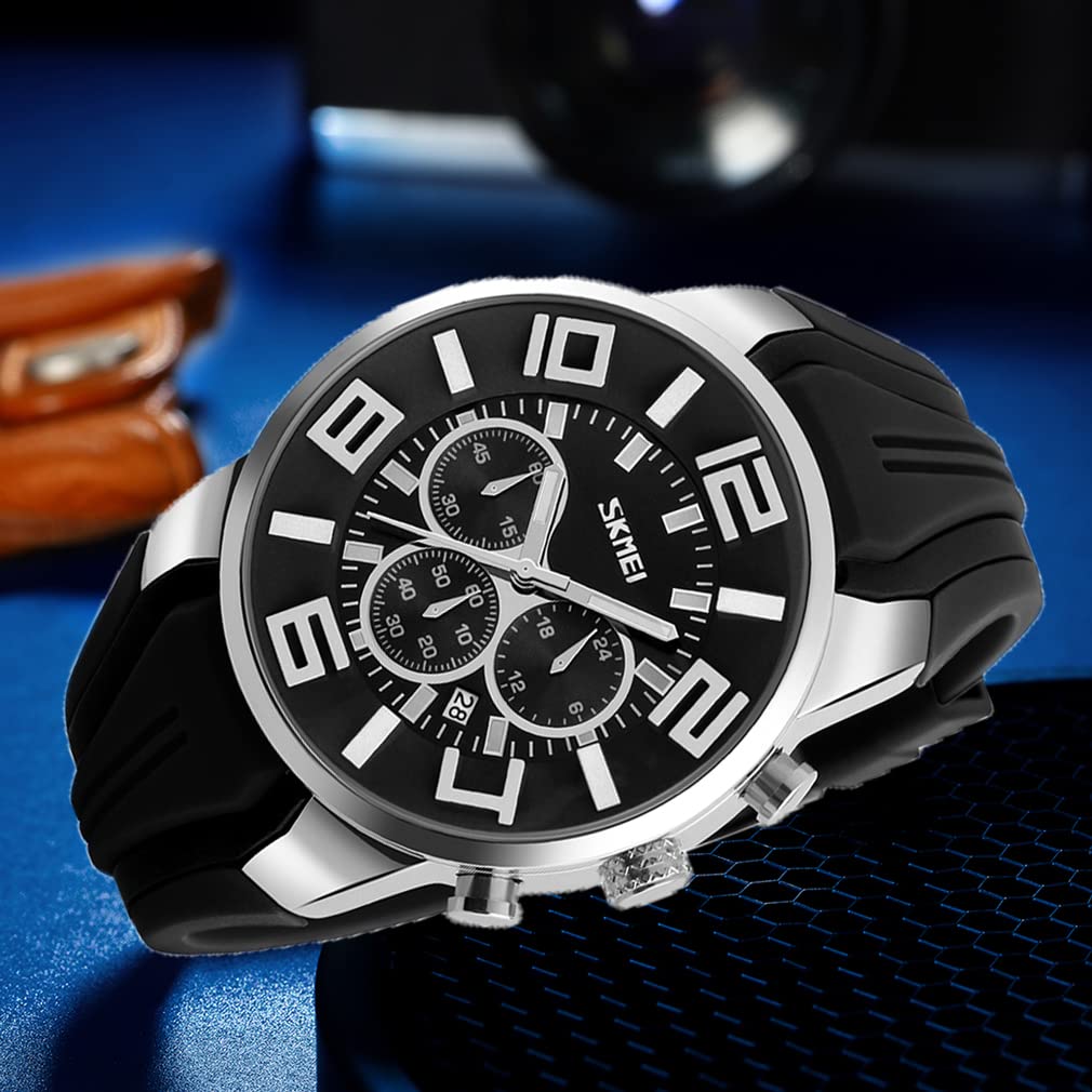 Silicone Fashionable Casual Sports Big Face Arm Watch Waterproof Chronograph Brand Analog Gentleman Watch Date Fluorescent Luxury Present Black Watch