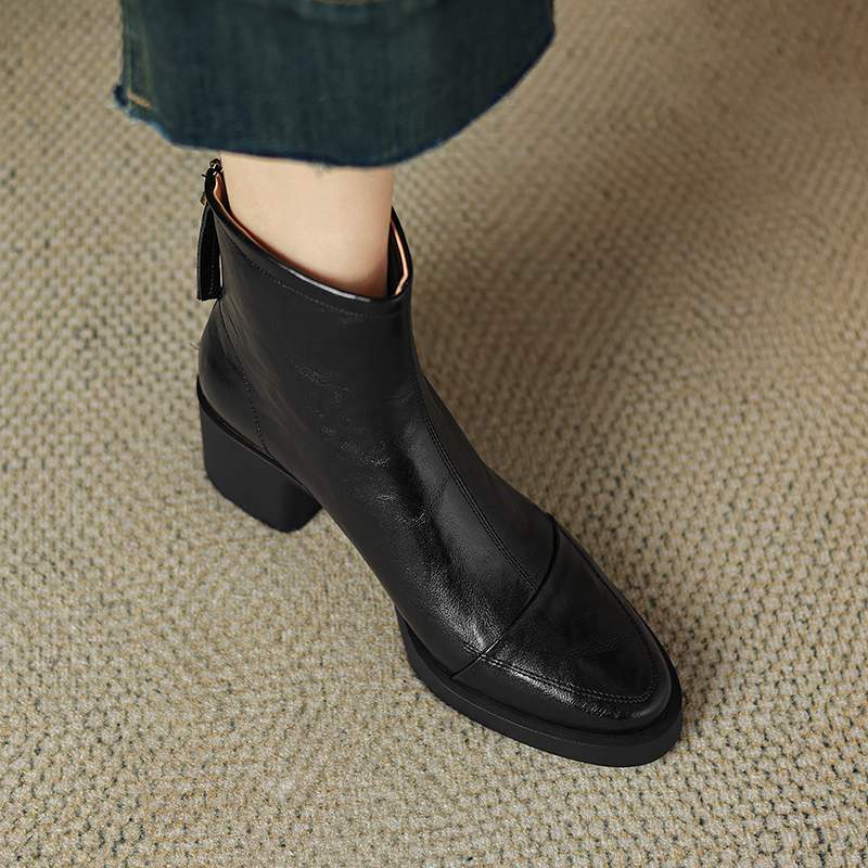Krazing Pot Cow Skin Winter Round Toe Chunky Heels Fashion Boots Women Zipper Retro Elegant Women Ankle Boots