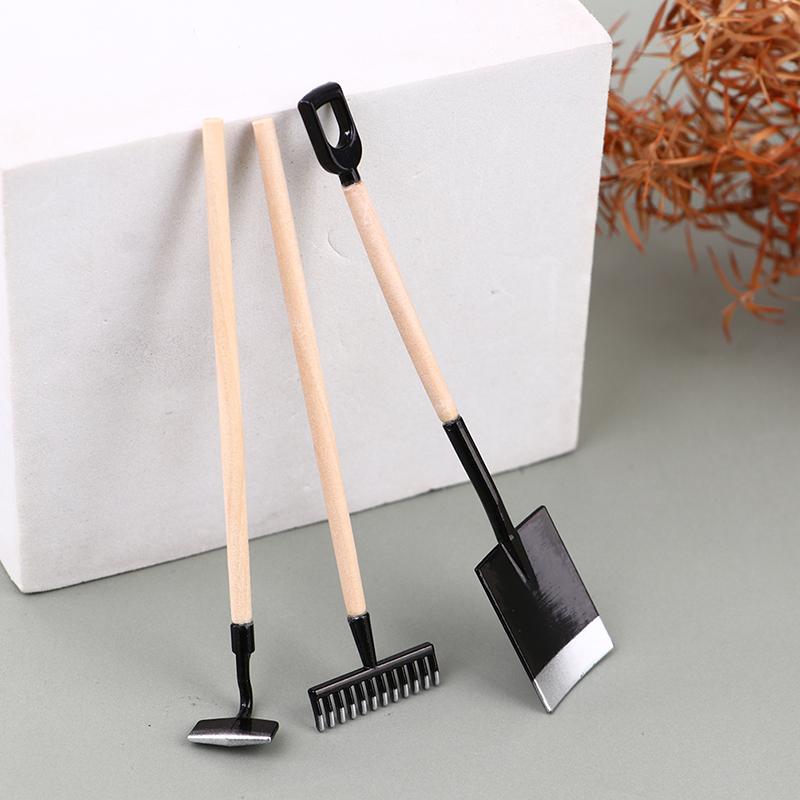 3Pcs 1:12 Dollhouse Miniatures Gardening Shovel Rake Hoes Farm Tool Doll Decor Fairy Garden Accessories Furniture Toys