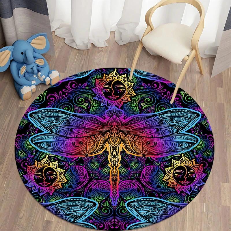 Bohemian Dragonfly Round Carpet Soft Floor Mat For Living Room Sofa Chair Children's Room Non-slip Area Rug Home Decor Doormat