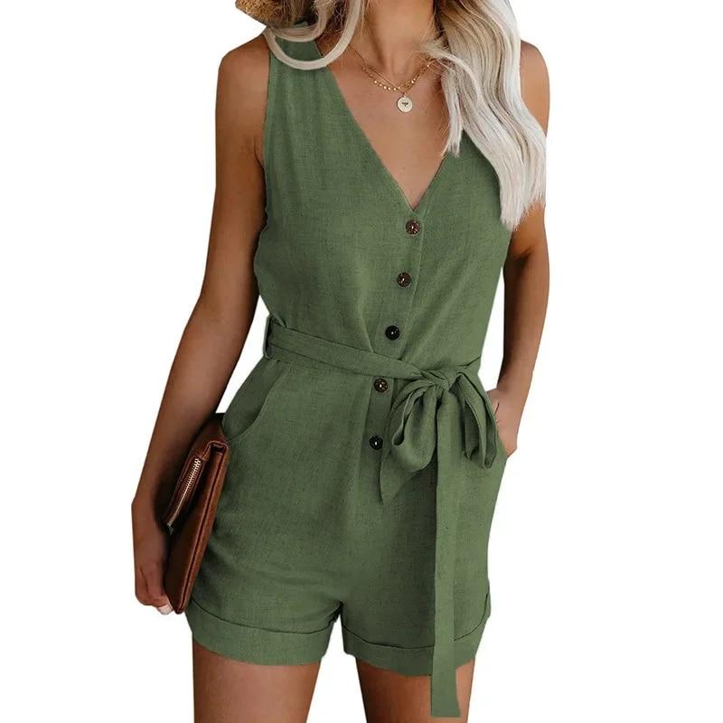 Solid Color One-piece Pants Women 2 Summer Casual V-neck Bow Women's Five-point Shorts