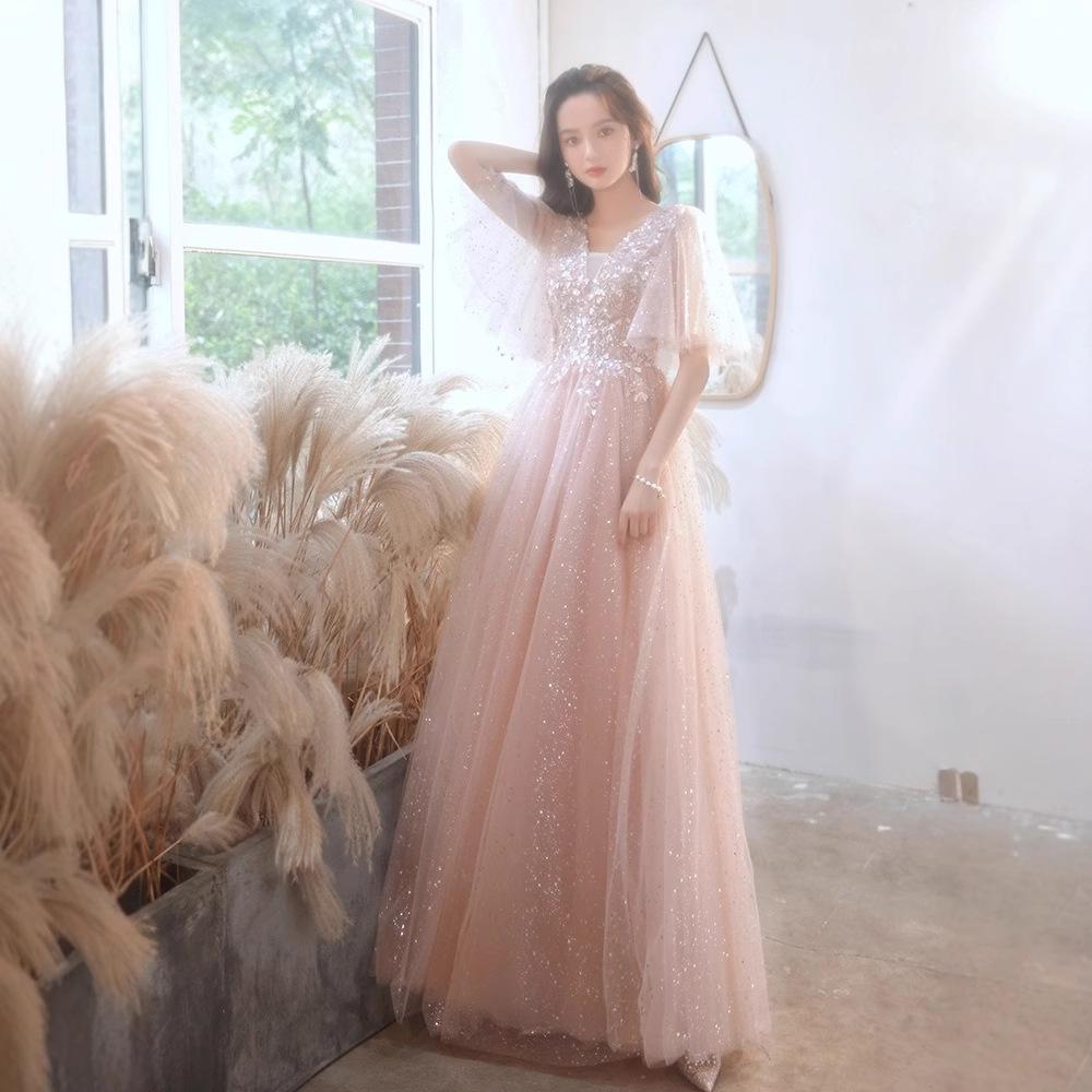 1 Art exam evening dress large size fat mm student performance host 50kg banquet temperament bridesmaid pink noble dress