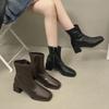 Square Head Retro Thin Boots Martin Boots Women's Shoes 2025 Autumn Thick Heel Small Ankle Boots British Martin Boots Single Boots