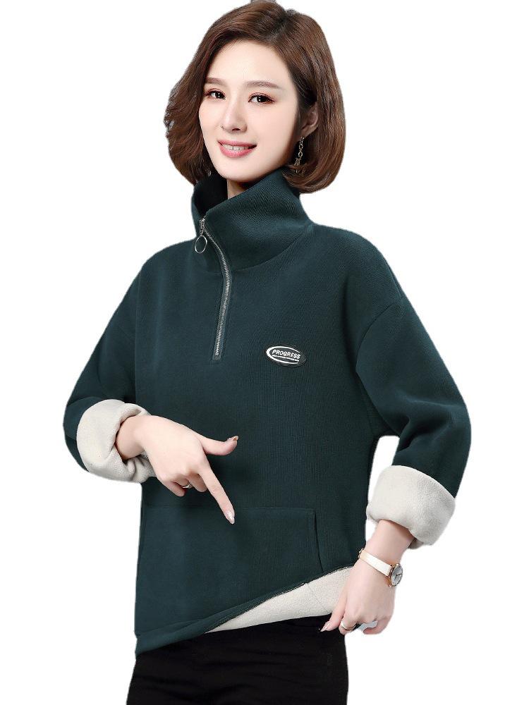 Женский утолщенный бархатный пуловер с застежкой-молнией на половину длины - модная свободная толстовка с воротником-стойкой на осень/зиму 2023 года