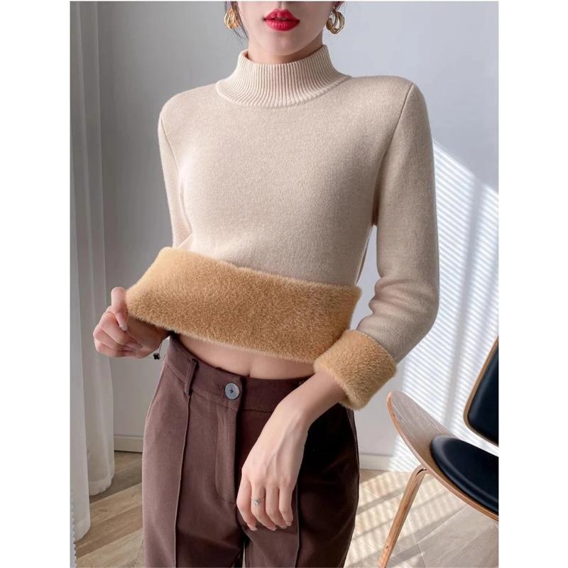 Женский теплый тонкий свитер с полуворотом, корейский утолщенный плюшевый флисовый подклад, трикотажный пуловер, зимний повседневный трикотаж, мягкий, хлопковый