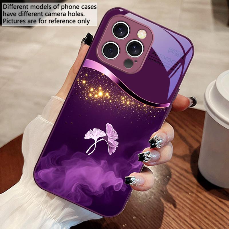 Чехол для телефона из закаленного стекла с листьями гинкго в фиолетовом дыму для iPhone 16 Pro Max 15 Pro 14 13 12 Mini 11 XS M ax XR 7 8 Plu SE 2022