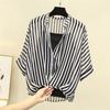 Летний полосатый утягивающий асимметричный пуловер рубашка из двух частей с рукавами летучая мышь шифоновый топ для женской моды