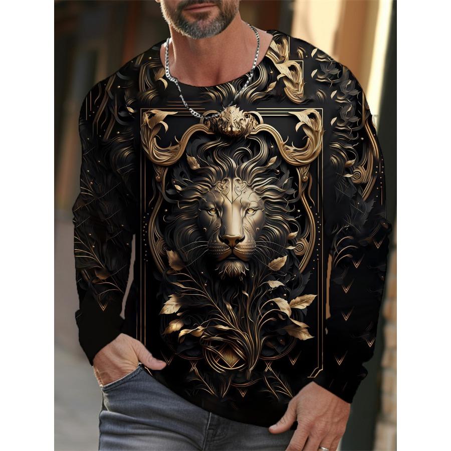 Мужские футболки с изображением животных льва на весну и осень, с круглым вырезом и длинными рукавами, мужская спортивная одежда, большие размеры, винтажная футболка с 3D-принтом