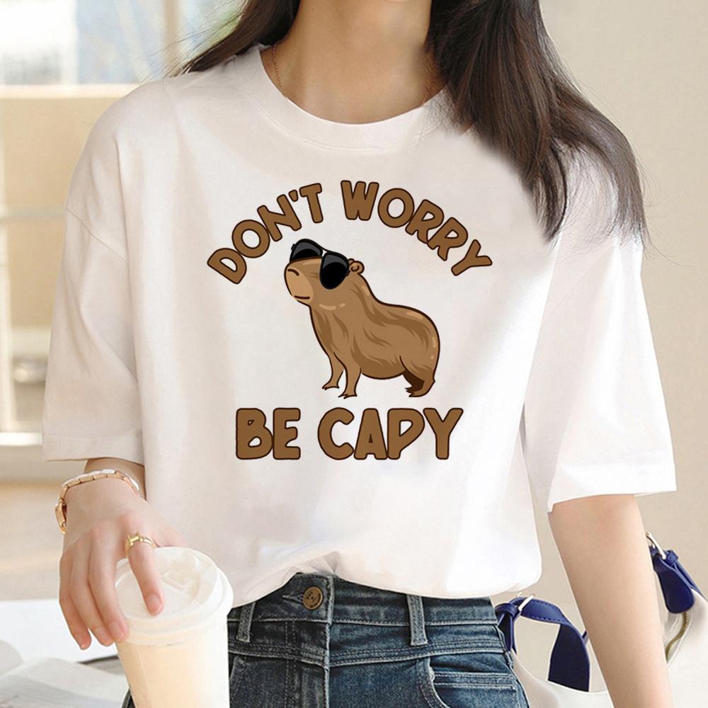 Capybara T Shirt Women Print Summer White Top Cotton T-shirt Graphic Tees Women Vintage Streetwear 90s Plus Size Tshirt Female