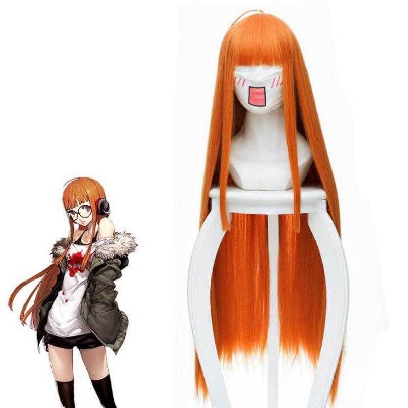 Anime 90cm Long Straight Wig Cosplay Persona 5 Futaba Sakura Orange Wigs Heat Resistant Synthetic Hair Women Cosplay Wigs
