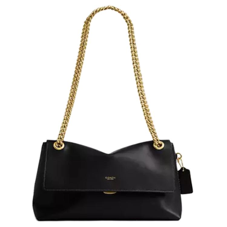 Coach Черная Гладкая Кожаная Сумка на Плечо с Клапаном, Золотой Цепью и Фурнитурой для Повседневного Использования