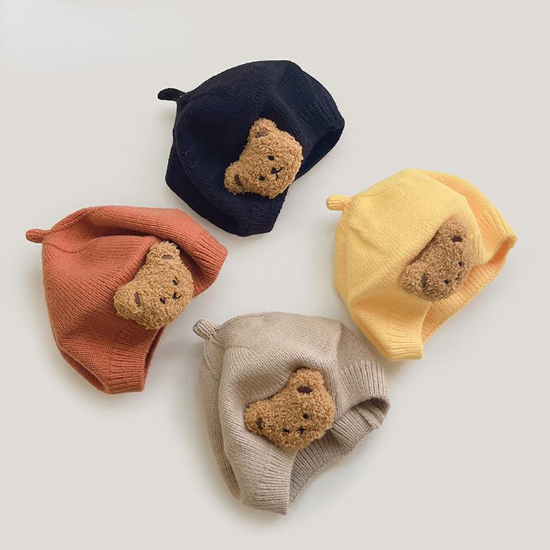 Cute Knitted Baby Hat Cartoon Bear Autumn Winter Kids Beret Hats for Girls Boys Cap Toddler Accessories Baby Stuff