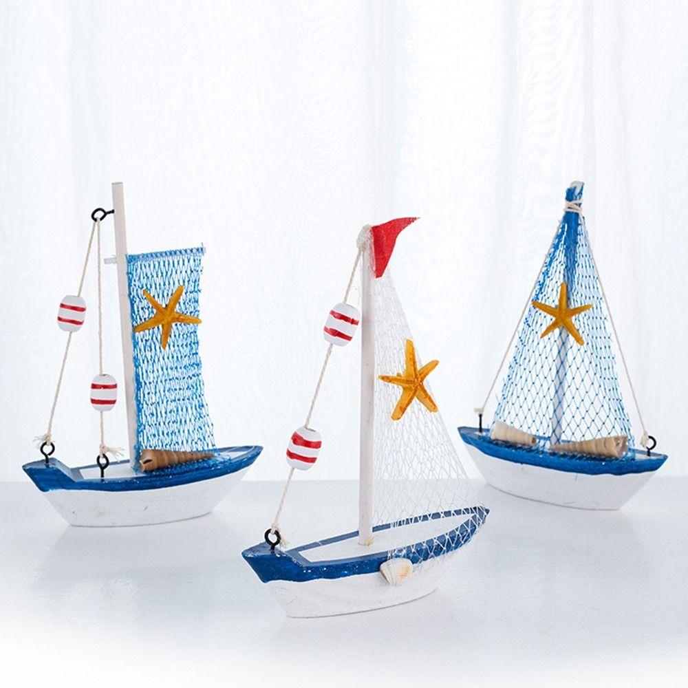 Wood Sailing Boat Model Mediterranean Style Miniature Boat Figurine  Office Room Livingroom