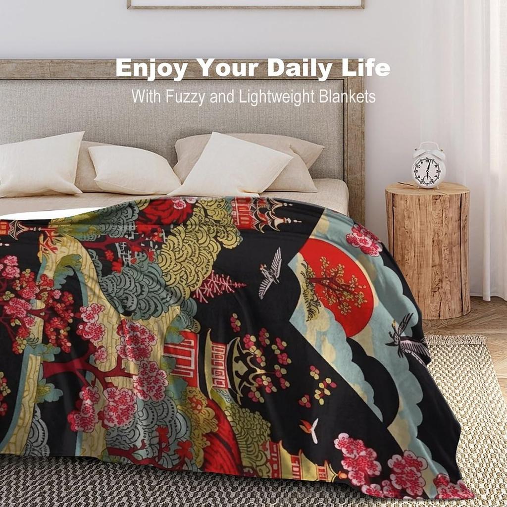 GUOYU Blanket Throw Blanket Chinoiserie Charcoal Coral Pagoda Flannel Fleece Throw Blanket Japanese Asian Style Blanket Pagoda and Flower