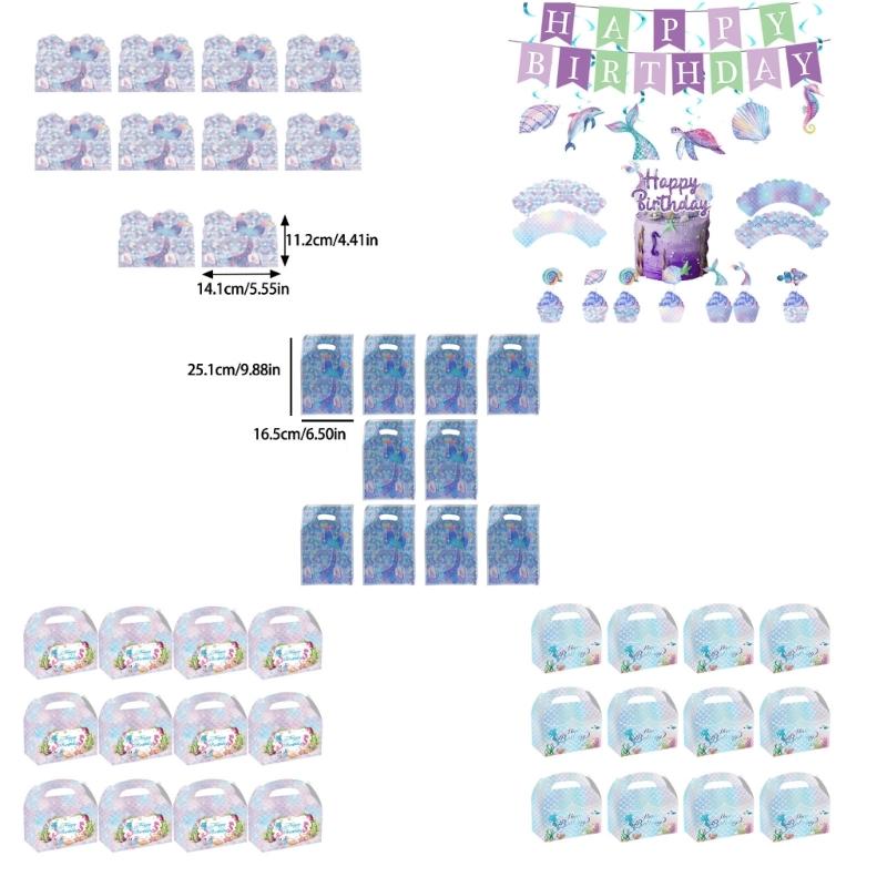 Mermaids Dinnerwares Set for Ocean Themed Party Birthday Gift Boxes and Bags Flag Banners Cake Insert and Hanging Swirls