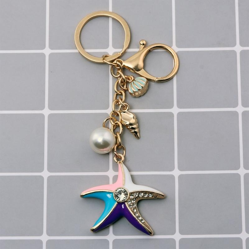 Jewelry Charm Keychain Rhinestones Encrusted Starfish and Conch Shell Pendant Keyring Handbag Accessories for Women