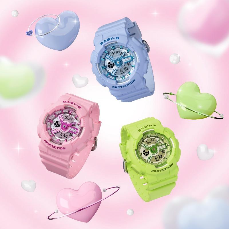 Casio Женские часы Baby-G, смола, 100 м водостойкость, аналоговые, ударопрочные, кварцевые, BA-110YK-2A