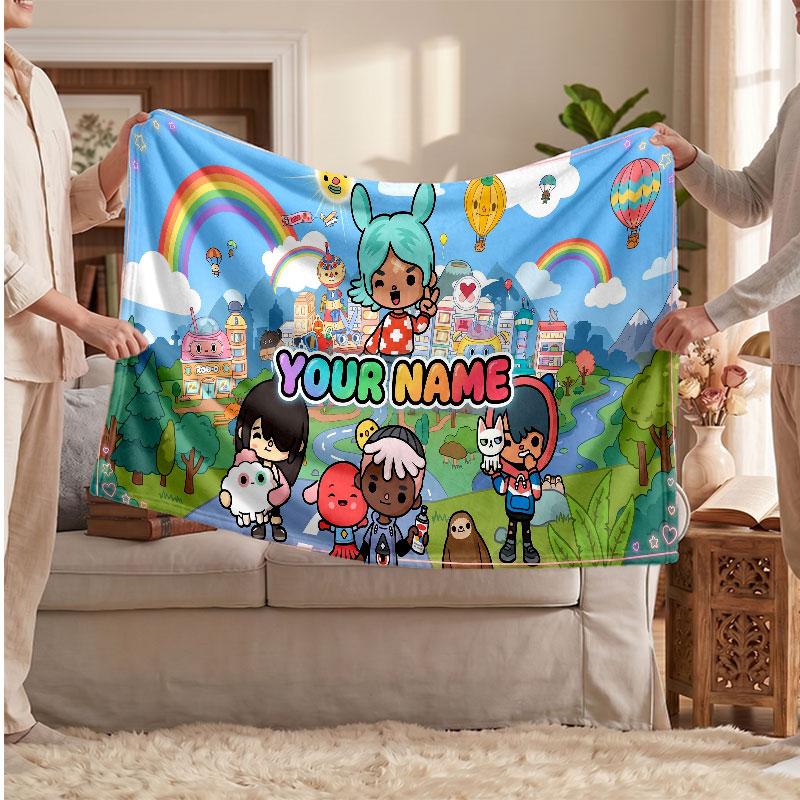Toca Boca Personalized Flannel Blanket, Custom Printed Text Name, Warm Soft Blanket For Couch Bed