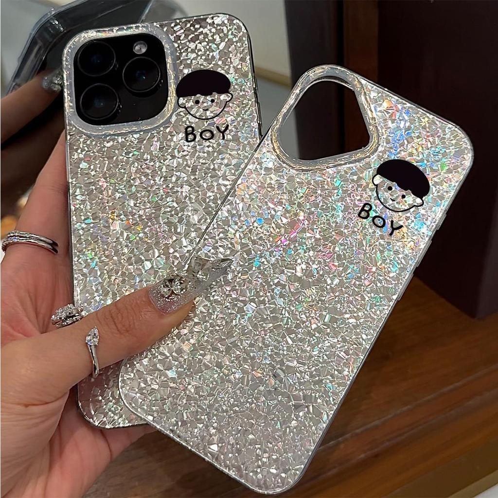 Чехол-голова мультяшного мальчика для iphone 15 Air 16 Plus 13 XS Max 18 Pro Max 11 XR 12 14 17 Pro Серебристый фон с трещинами и блестками