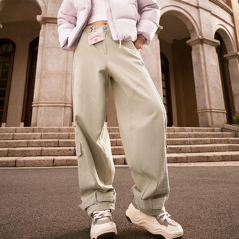 Fila Оригинальные однотонные уличные повседневные спортивные брюки прямого кроя со средней посадкой на молнии карго свободного кроя с несколькими карманами рабочие брюки женские хаки F51W449801F-LK
