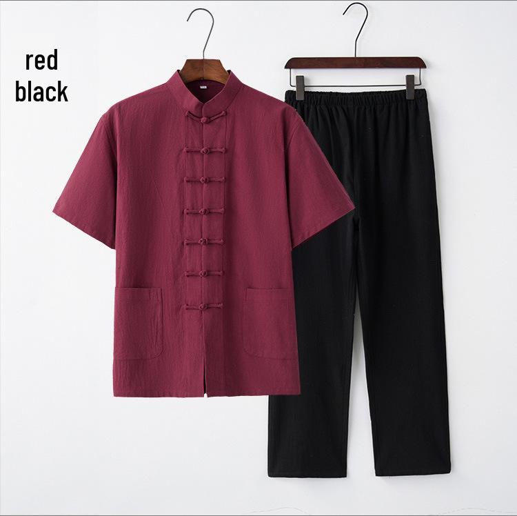 Мужской летний костюм для тай-чи из хлопка и льна – Комплект костюма тан с коротким рукавом