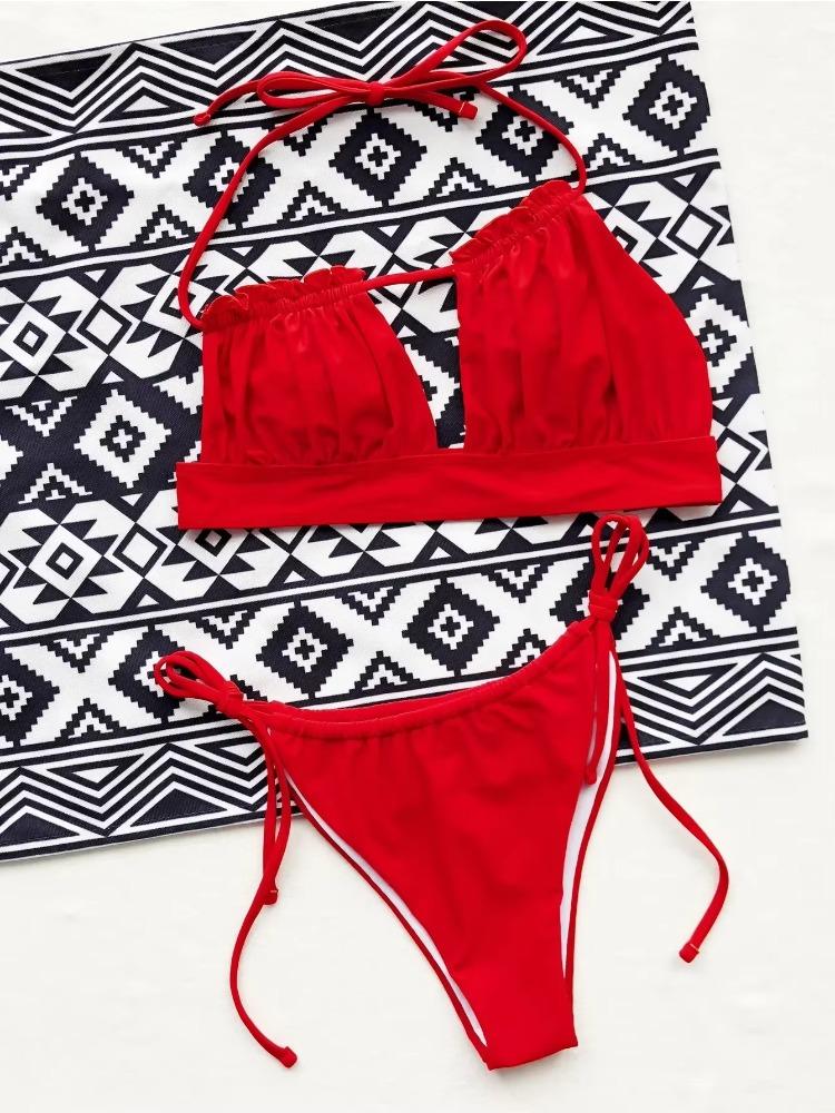Бикини сексуальный красный купальник женский ажурный плиссированный купальник с открытой спиной бикини комплект купальный костюм пляжный бикини женский новый