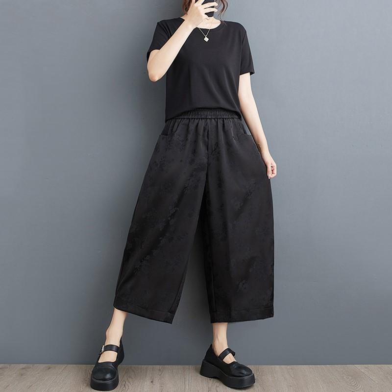 Черные винтажные повседневные свободные летние широкие брюки больших размеров с высокой талией, женские брюки