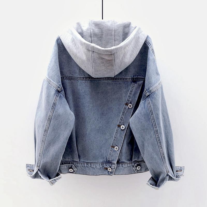 Denim Jacket Women Korean Style Loose Short Coat Long Sleeve Hooded Jacket Multi-Pockets All-match Tops