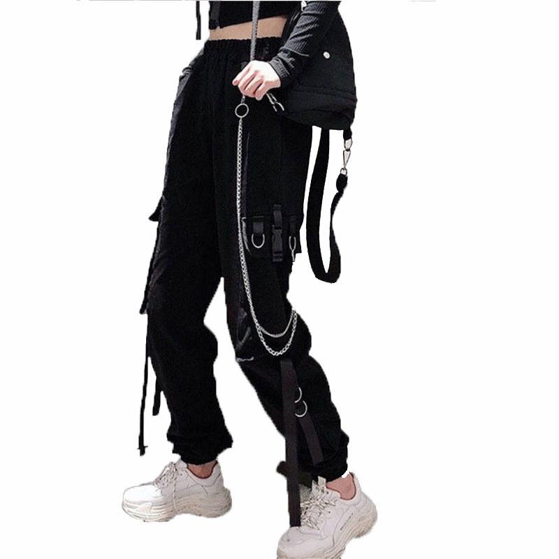 Брюки-карго с высокой талией для женщин. Спортивные повседневные брюки. Брюки в стиле хип-хоп с цепочкой.