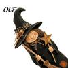 Rustic Wooden Witch Craft for Desk Ornament, Retro Halloween Figurine with Broom/Pumpkin/Black Detailed Carving Cat, Creative Tabletop Centerpiece