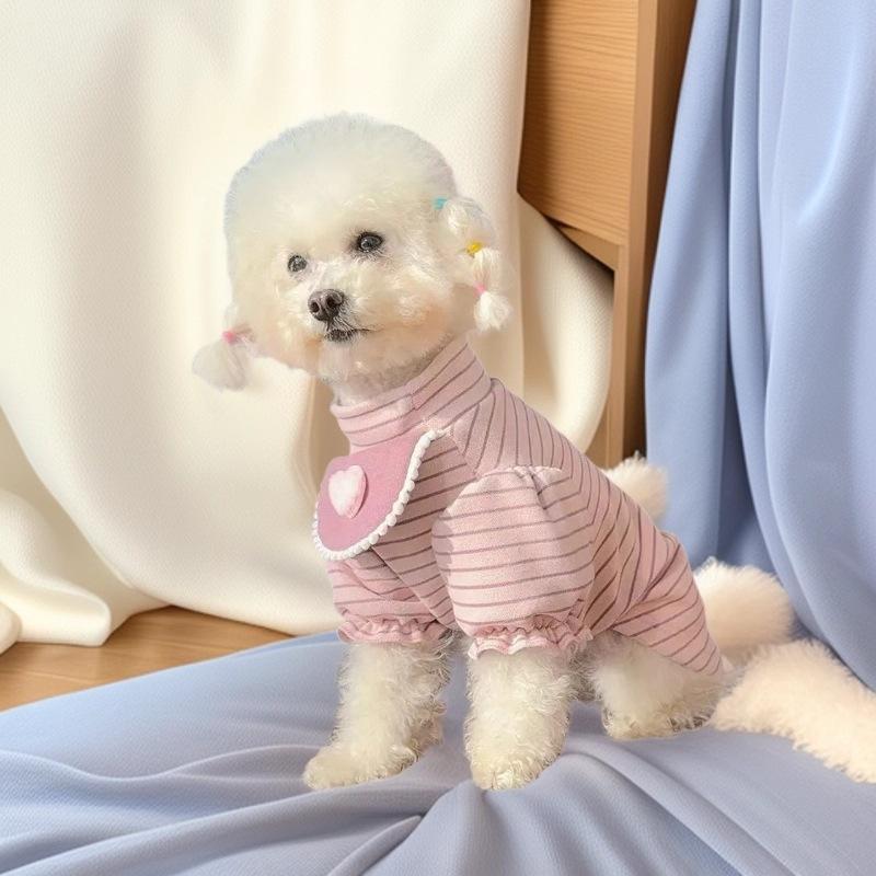 Pet Autumn and Winter Striped Base Shirt Cute Love Cat Couple Outfit Teddy Two Legged Outfit Winter Warm Bubble Sleeve Top