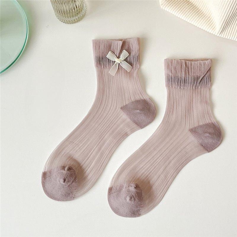 Ladies Spring and Summer Bow Lace Mesh Glass Wire Hollow Shank Pile Pile Socks