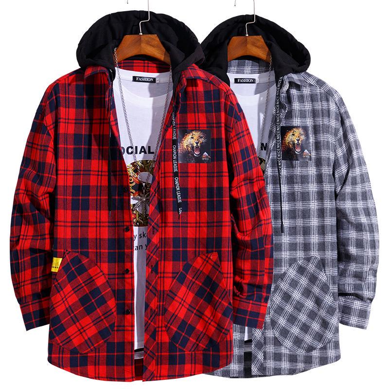 Youth Men's Casual Fashion Plaid Slim Long Sleeve Hoodie Long Sleeve Shirt