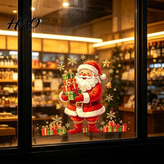 Christmas Party Supplies Window Clings, Cute Santa Claus Snowman Xmas Tree Stickers, Theme Wall Decals Winter PVC Static Glass Decal for Living Room,