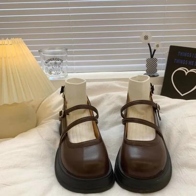 Ретро Коричневые Универсальные На Толстой Подошве Маленькие Кожаные Туфли Женские Весна Осень С Мелким Вырезом Толстый Каблук Французский Стиль Туфли Мэри Джейн