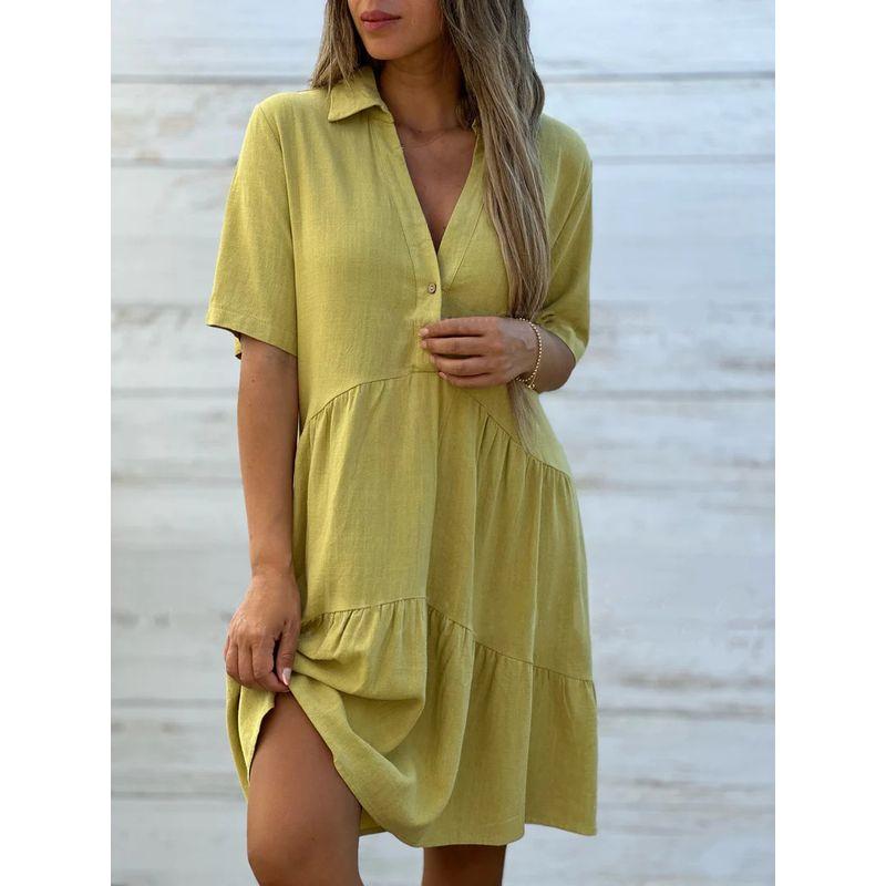 Cotton and Linen Dress2024 European and American Women's Clothing Loose Lapels Casual Short Sleeve Cotton and Linen Dress