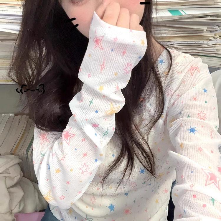 Star Design Sun Protection Cover-Up Printed Long-Sleeve T-Shirt Slim-Fit One-Shoulder Summer Figure-Flattering Spicy Girl Sunscreen Top