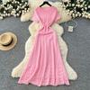 Spring Summer Women Casual Short Sleeve Beading Hollow Out Knitted Sweater Long Maxi Dresses