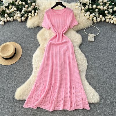 Весна Лето Женский Повседневный Свитер с Коротким Рукавом, Отделкой из Бисера и Ажурной Вязкой, Длинные Платья Макси