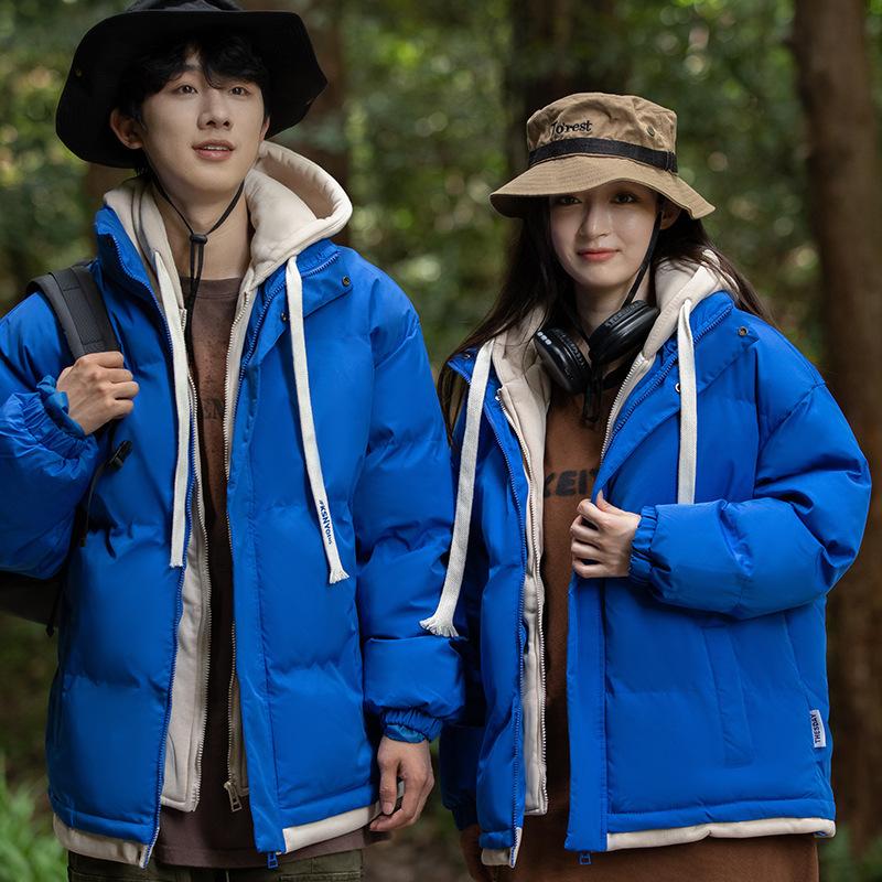 Зимнее хлопковое пальто, утолщенное и теплое, поддельное хлопковое пальто из двух частей, свободное парное пальто с капюшоном, пуховое хлопковое пальто